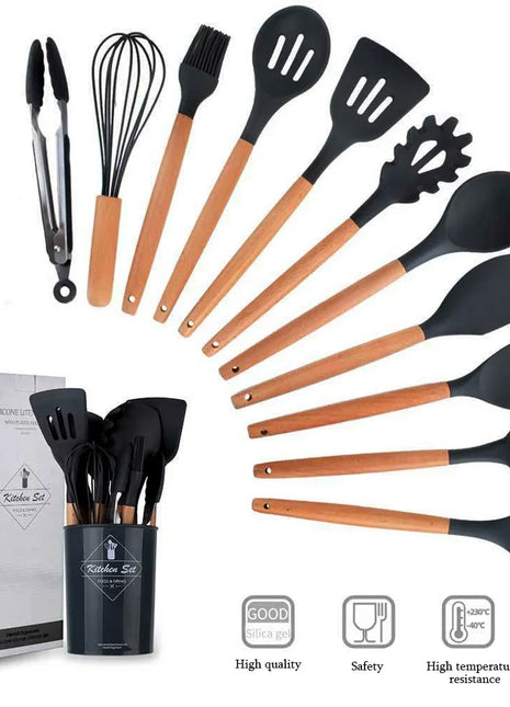 12PCS Silicone Kitchenware Non-Stick Cookware Kitchen Utensils Set Spatula Shovel Egg Beaters Wooden Handle Cooking Tool Set