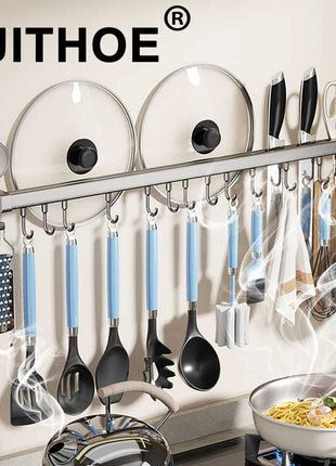 Wall Mounted Kitchen Hook Rack No-Punching Wall Hangers Rail Kitchen Utensils Rack Spoon Shovel Chopping Board Storage Rack