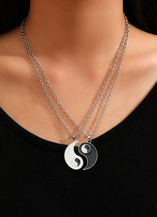 2Pcs Tai Chi Yin Yang Couple Necklaces Set Pendant Silver Color Chain Matching Lover Choker Friend Friendship Gift Adjustable