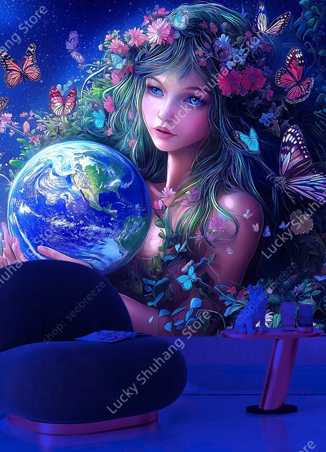 Eco Conscious Nature Goddess Celestial Earth UV Tapestry Sustainable Living Wall Art Mystical Starry Decor Dormitory Bedroom