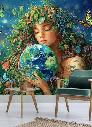Eco Conscious Nature Goddess Celestial Earth UV Tapestry Sustainable Living Wall Art Mystical Starry Decor Dormitory Bedroom