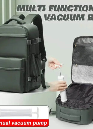 Vacuum backpack with pump for travel, air compression vacuum system, boarding, carry on luggage, and strong sealed airbags for t