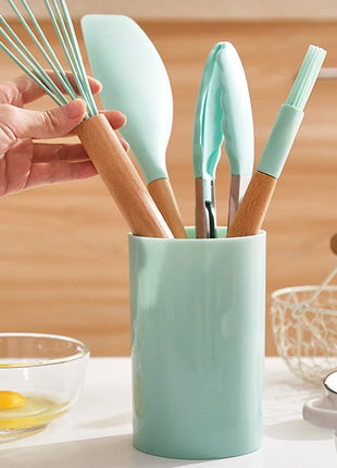 12PCS Silicone Kitchenware Non-Stick Cookware Kitchen Utensils Set Spatula Shovel Egg Beaters Wooden Handle Cooking Tool Set