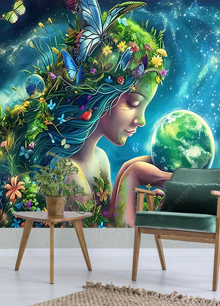 Eco Conscious Nature Goddess Celestial Earth UV Tapestry Sustainable Living Wall Art Mystical Starry Decor Dormitory Bedroom