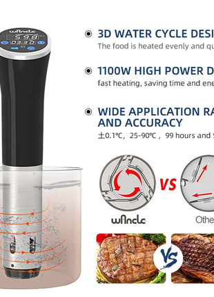 Wancle 1100W Sous Vide Cooker LCD Touch Immersion Circulator Accurate Cooking IPX7 Waterproof Vacuum Cooker with Digital Display