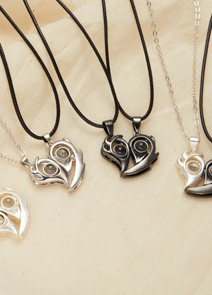 2Pc Magnetic Couple Necklace Set Distance Heart Matching Projection Pendent 100 Languages I Love You Lovers  Necklace Jewelry