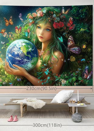 Eco Conscious Nature Goddess Celestial Earth UV Tapestry Sustainable Living Wall Art Mystical Starry Decor Dormitory Bedroom