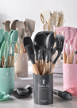 12PCS Silicone Kitchenware Non-Stick Cookware Kitchen Utensils Set Spatula Shovel Egg Beaters Wooden Handle Cooking Tool Set