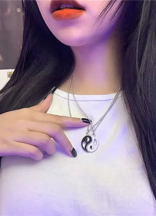 2Pcs Tai Chi Yin Yang Couple Necklaces Set Pendant Silver Color Chain Matching Lover Choker Friend Friendship Gift Adjustable