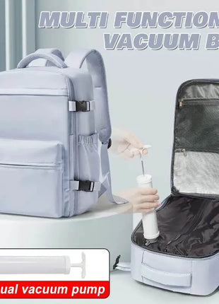 Vacuum backpack with pump for travel, air compression vacuum system, boarding, carry on luggage, and strong sealed airbags for t