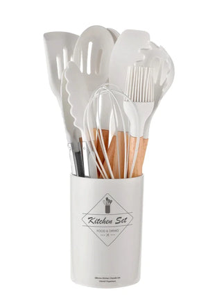 12PCS Silicone Kitchenware Non-Stick Cookware Kitchen Utensils Set Spatula Shovel Egg Beaters Wooden Handle Cooking Tool Set