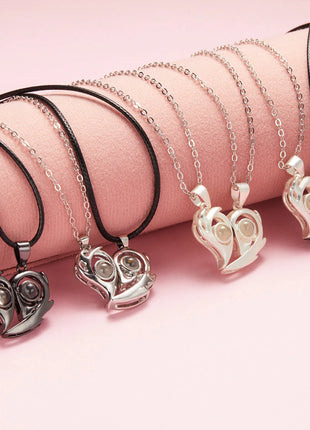 2Pc Magnetic Couple Necklace Set Distance Heart Matching Projection Pendent 100 Languages I Love You Lovers  Necklace Jewelry