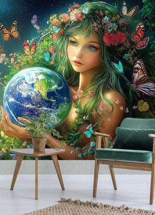 Eco Conscious Nature Goddess Celestial Earth UV Tapestry Sustainable Living Wall Art Mystical Starry Decor Dormitory Bedroom