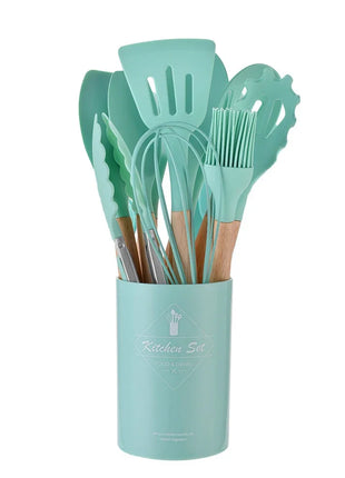 12PCS Silicone Kitchenware Non-Stick Cookware Kitchen Utensils Set Spatula Shovel Egg Beaters Wooden Handle Cooking Tool Set