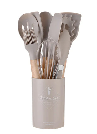 12PCS Silicone Kitchenware Non-Stick Cookware Kitchen Utensils Set Spatula Shovel Egg Beaters Wooden Handle Cooking Tool Set