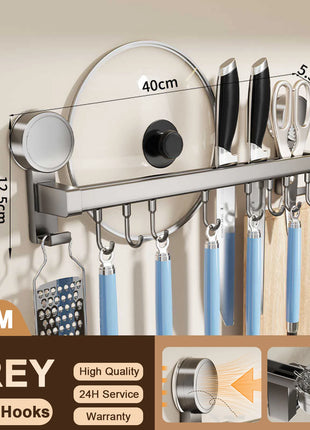 Wall Mounted Kitchen Hook Rack No-Punching Wall Hangers Rail Kitchen Utensils Rack Spoon Shovel Chopping Board Storage Rack