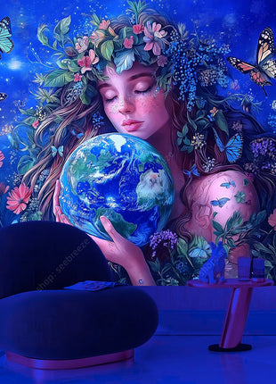 Eco Conscious Nature Goddess Celestial Earth UV Tapestry Sustainable Living Wall Art Mystical Starry Decor Dormitory Bedroom