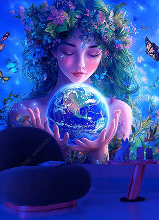 Eco Conscious Nature Goddess Celestial Earth UV Tapestry Sustainable Living Wall Art Mystical Starry Decor Dormitory Bedroom