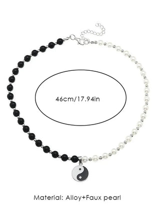 Black White Taoism Yin Yang Round Charm Beaded Faux Pearl Tai Chi Choker Necklace for Men Women Protection Lucky Jewelry Gifts