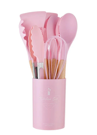 12PCS Silicone Kitchenware Non-Stick Cookware Kitchen Utensils Set Spatula Shovel Egg Beaters Wooden Handle Cooking Tool Set