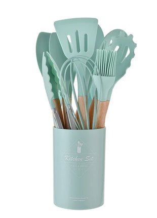 12PCS Silicone Kitchenware Non-Stick Cookware Kitchen Utensils Set Spatula Shovel Egg Beaters Wooden Handle Cooking Tool Set