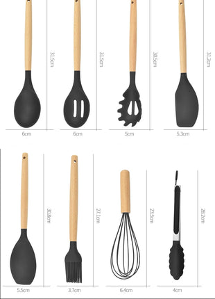 12PCS Silicone Kitchenware Non-Stick Cookware Kitchen Utensils Set Spatula Shovel Egg Beaters Wooden Handle Cooking Tool Set