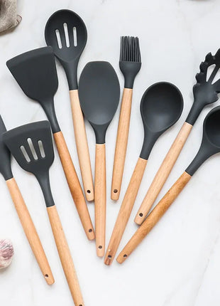 12PCS Silicone Kitchenware Non-Stick Cookware Kitchen Utensils Set Spatula Shovel Egg Beaters Wooden Handle Cooking Tool Set