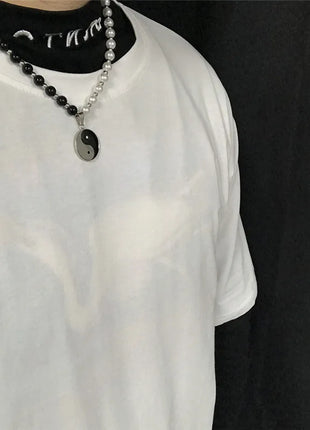 Black White Taoism Yin Yang Round Charm Beaded Faux Pearl Tai Chi Choker Necklace for Men Women Protection Lucky Jewelry Gifts