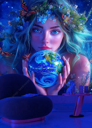 Eco Conscious Nature Goddess Celestial Earth UV Tapestry Sustainable Living Wall Art Mystical Starry Decor Dormitory Bedroom