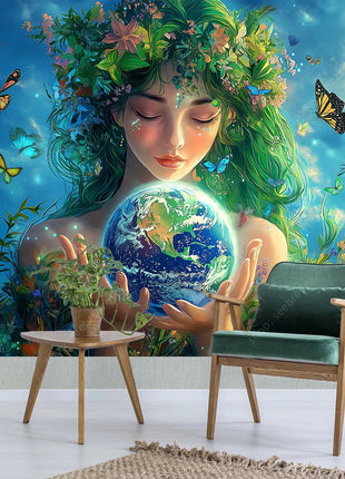 Eco Conscious Nature Goddess Celestial Earth UV Tapestry Sustainable Living Wall Art Mystical Starry Decor Dormitory Bedroom