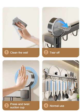 Wall Mounted Kitchen Hook Rack No-Punching Wall Hangers Rail Kitchen Utensils Rack Spoon Shovel Chopping Board Storage Rack