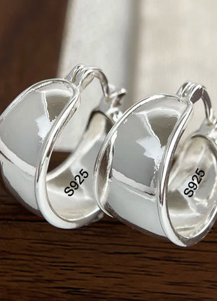925 Sterling Silver Vintage Earrings For Women Trendy Wide Smooth Earring Jewelry Prevent Allergy Party Accessories Gift