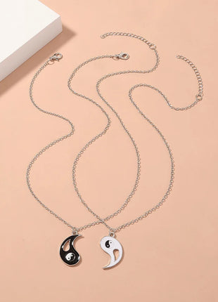 2Pcs Tai Chi Yin Yang Couple Necklaces Set Pendant Silver Color Chain Matching Lover Choker Friend Friendship Gift Adjustable