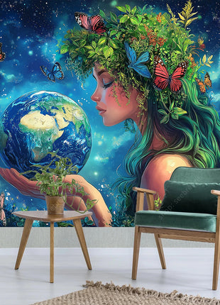 Eco Conscious Nature Goddess Celestial Earth UV Tapestry Sustainable Living Wall Art Mystical Starry Decor Dormitory Bedroom