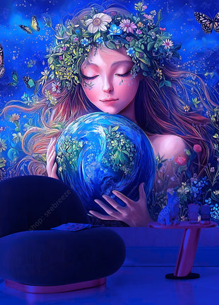 Eco Conscious Nature Goddess Celestial Earth UV Tapestry Sustainable Living Wall Art Mystical Starry Decor Dormitory Bedroom