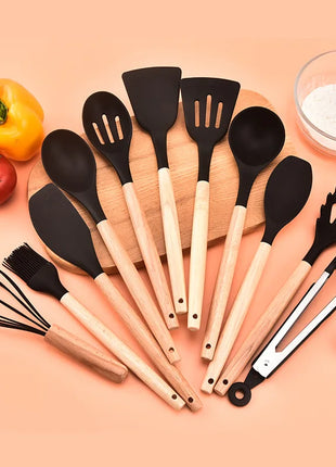 12PCS Silicone Kitchenware Non-Stick Cookware Kitchen Utensils Set Spatula Shovel Egg Beaters Wooden Handle Cooking Tool Set