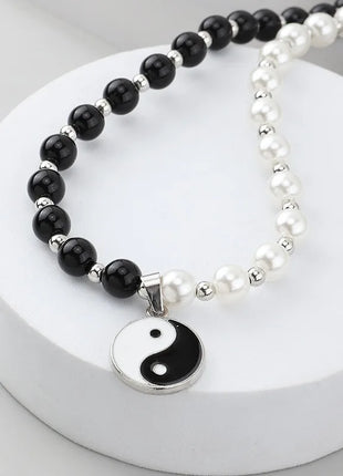 Black White Taoism Yin Yang Round Charm Beaded Faux Pearl Tai Chi Choker Necklace for Men Women Protection Lucky Jewelry Gifts