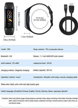 Men Women Pedometer Sport Fitness Tracker Amoled Smart Band Pro Heart Rate Blood Watch IP67 Waterproof Smart Bracelet