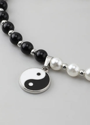 Black White Taoism Yin Yang Round Charm Beaded Faux Pearl Tai Chi Choker Necklace for Men Women Protection Lucky Jewelry Gifts