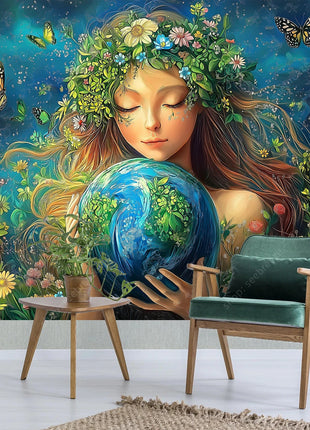 Eco Conscious Nature Goddess Celestial Earth UV Tapestry Sustainable Living Wall Art Mystical Starry Decor Dormitory Bedroom