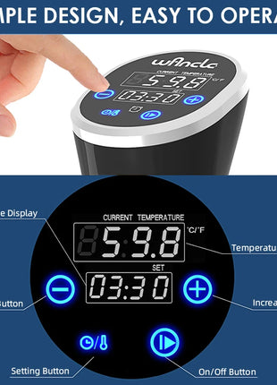 Wancle 1100W Sous Vide Cooker LCD Touch Immersion Circulator Accurate Cooking IPX7 Waterproof Vacuum Cooker with Digital Display