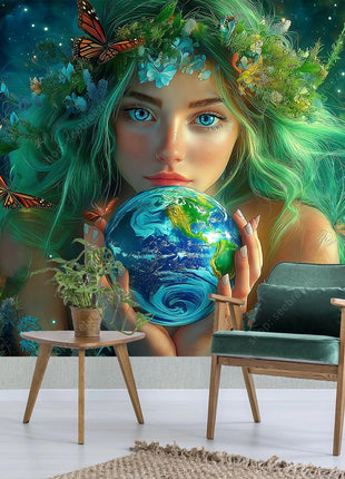 Eco Conscious Nature Goddess Celestial Earth UV Tapestry Sustainable Living Wall Art Mystical Starry Decor Dormitory Bedroom