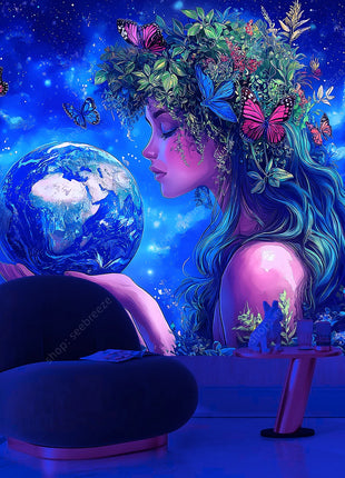 Eco Conscious Nature Goddess Celestial Earth UV Tapestry Sustainable Living Wall Art Mystical Starry Decor Dormitory Bedroom