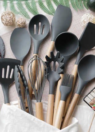 12PCS Silicone Kitchenware Non-Stick Cookware Kitchen Utensils Set Spatula Shovel Egg Beaters Wooden Handle Cooking Tool Set