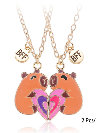2 Pcs/Set Magnetism Capybara Best Friends Pendant Necklace For Women For School Adjustable Chain Couple Necklace Jewelry Gifts