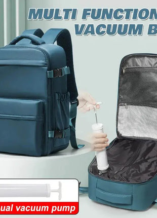 Vacuum backpack with pump for travel, air compression vacuum system, boarding, carry on luggage, and strong sealed airbags for t
