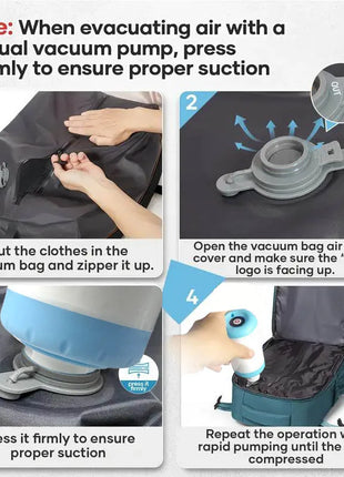 Vacuum backpack with pump for travel, air compression vacuum system, boarding, carry on luggage, and strong sealed airbags for t