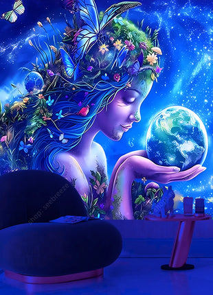 Eco Conscious Nature Goddess Celestial Earth UV Tapestry Sustainable Living Wall Art Mystical Starry Decor Dormitory Bedroom