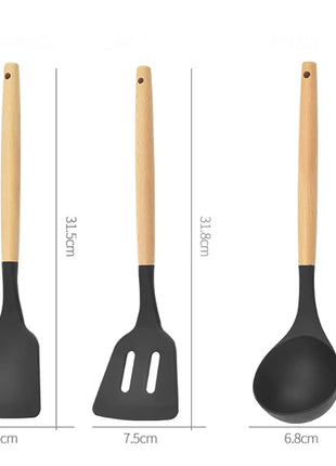 12PCS Silicone Kitchenware Non-Stick Cookware Kitchen Utensils Set Spatula Shovel Egg Beaters Wooden Handle Cooking Tool Set