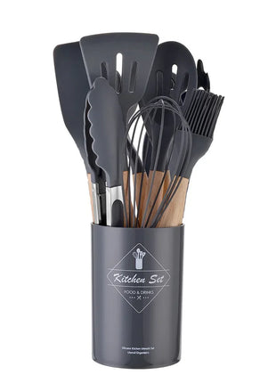 12PCS Silicone Kitchenware Non-Stick Cookware Kitchen Utensils Set Spatula Shovel Egg Beaters Wooden Handle Cooking Tool Set